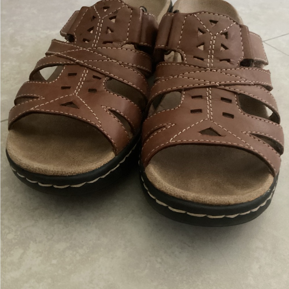 💗 CLARKS Bendables sandals 7.5 leather shoes Lexi Holly slides slip on brown - Picture 6 of 9